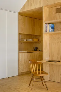 Minimalist kitchen with wood-paneled walls and built-in cabinets filled with glassware, cookware, and books.