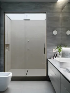 Modern bathroom with grey tile shower room featuring minimalist design and glass shower enclosure.