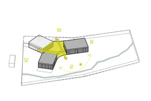 A modern building's floor plan with architectural features highlighted.