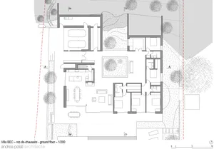 A detailed 2D architectural drawing showcasing the ground floor layout of a modern residential house, including rooms, doors,