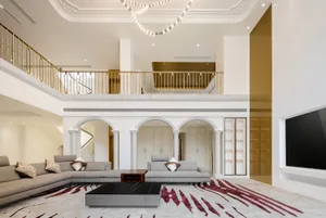 Modern living room with marble floor, leather sofas, and glass features