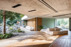 Modern minimalist living room with wood elements and natural light