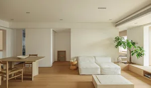 A minimalist living room featuring a white sofa, wooden coffee table, and green plant