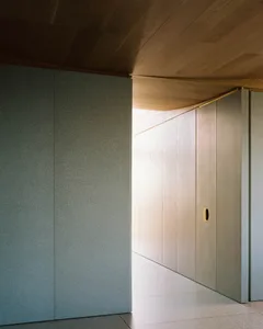 Modern minimalist residential entranceway featuring a concrete wall and door.
