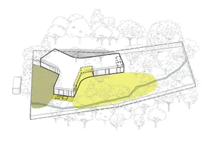 Simplified line drawing of a modern residential exterior design.