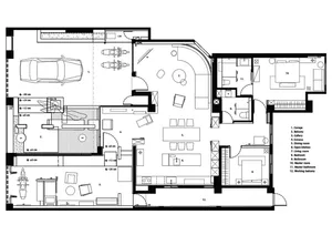 Detailed 2D technical architectural drawing of a residential interior