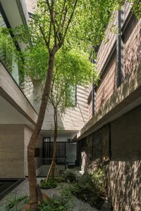 An urban garden featuring concrete and stone elements