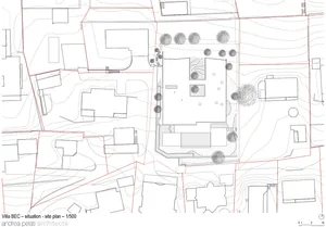 Villa BEC designed by Andrea Pelati Architecte, showing a detailed architectural site plan at a scale of 1:500.