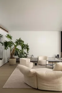 A modern minimalist living space featuring neutral-toned materials and a large potted plant