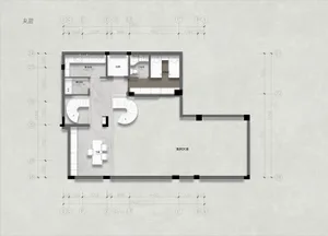 A modern commercial space plan showing a sleek office layout with open-plan workspaces, meeting rooms, and a central staircas