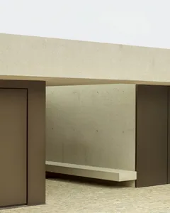 Modern, minimalist concrete bench in a serene, open-air space.