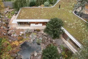 A minimalist modern home features a green roof, stone patio, and water feature surrounded by natural landscaping.