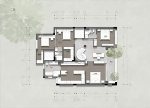 Floor plan of a modern residential second floor with bedrooms, living areas, and bathrooms