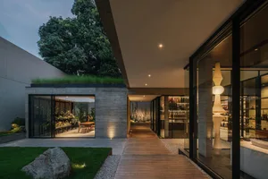 A modern residential interior with a concrete roof garden, wooden flooring, and a mix of indoor plants and contemporary furni