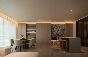 High-quality photograph of a modern residential kitchen featuring stone countertops and wood cabinets.