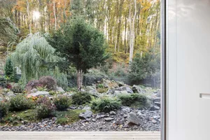 Outdoor garden with rocks, trees, and greenery.
