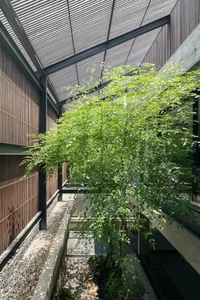 A modern architectural pathway with concrete walls and a glass roof.