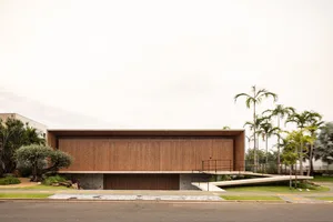 A modern architectural structure with a wooden exterior.