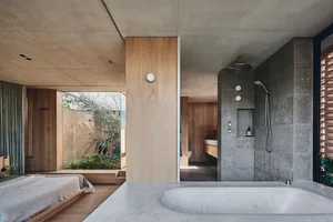 A modern bathroom interior featuring a large concrete bathtub and wooden accents.