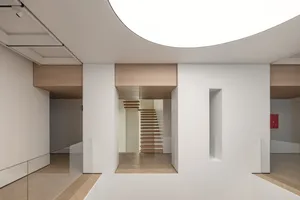 Modern interior design with glass, wood, and metal