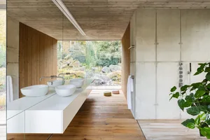 Modern minimalist bathroom featuring concrete and wood materials.