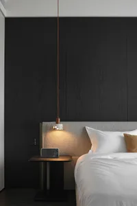 Modern minimalist bedroom featuring a fabric mattress against a dark wooden wall with a hanging pendant light and a nightstan