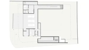Floor plan of a modern residential design featuring a combination of concrete and glass materials.