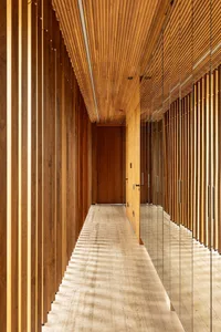 Modern corridor with wooden walls and ceiling, featuring a long hallway with wooden panels.