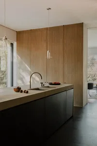 Modern minimalist kitchen featuring a concrete countertop with a built-in sink.