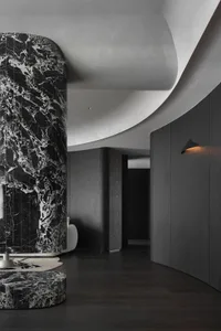 Modern interior design featuring marble and concrete materials