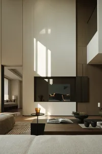 Modern minimalist living room with wooden features and artwork