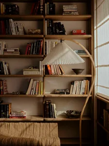 A modern minimalist bookshelf filled with books and a beautifully designed floor lamp.