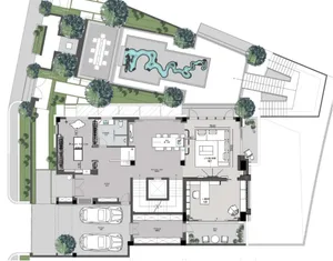 Modern residential floor plan featuring a concrete material and a contemporary open design with multiple functional zones.