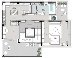 Modern residential floor plan with combined living, dining, kitchen, and bedroom areas