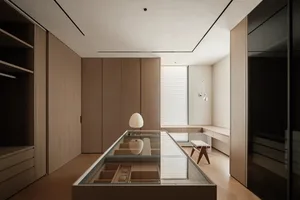 現代極簡衣櫃，搭配木質收納單元與玻璃頂展示櫃。
