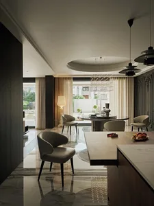 Modern dining room featuring marble and leather elements.