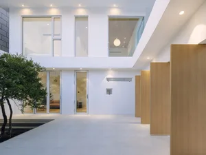 Modern minimalist interior with concrete and glass elements and a tree in a white courtyard.