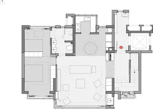 A detailed apartment floor plan featuring a neutral color scheme with clear layout and functional zones.