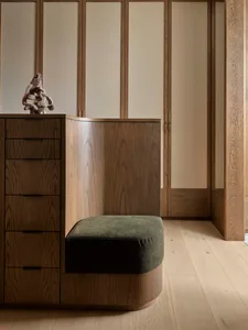 A minimalist interior space featuring wenge wood furniture