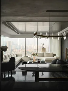 Modern living room featuring concrete and glass walls, marble flooring, and minimalist furniture.