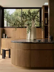 Modern residential interior featuring an elegant oak cabinet and a large white vase with a green plant, set against a backdro