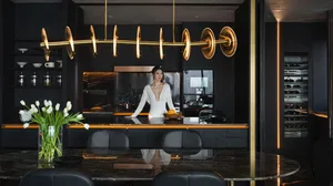 A stylish modern residential interior with black marble countertops and black wooden cabinets.