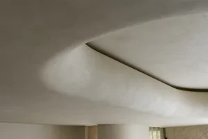 A curvilinear concrete ceiling in a minimalist design.