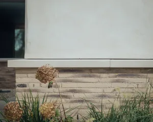 A modern exterior wall constructed with brick and concrete, featuring a flat surface with a ledge and surrounding greenery.