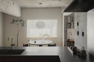 A modern kitchen with a circular pendant light and concrete walls.