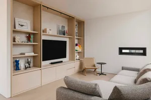 Contemporary living room with minimalist design, featuring a grey fabric sofa, wooden shelves, and a modern fireplace.