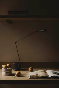 A minimalist interior design featuring wood elements, including a desk lamp, bowl of pears, and an open book.