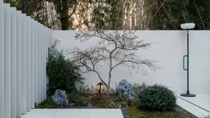 Modern minimalist backyard featuring concrete, a tree, rocks, and greenery against a white wall with a green and white lamp p