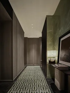 Modern corridor with mosaic tile featuring green, white, gray, and black tiles, with wooden walls and a table lamp with a whi