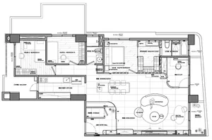 Detailed 2D architectural drawing of a modern interior space with multiple rooms and functional zones.